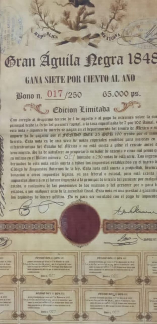VENTA BONOS GRÁN AGUILA NEGRA AÑO 1848